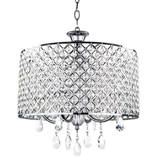 Kira Home Briolette 16'' 4-Light Modern Chic Crystal Chandelier + Round Beaded Drum Shade, Adjustable Height, Chrome Finish