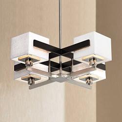 Quartet Brushed Nickel Pendant Chandelier 28'' Wide Modern Dark Mocha Wood Off White Fabric 4-Light Fixture for Dining Room House Island Entryway Bedroom Living Room - Possini Euro Design