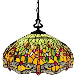 Tiffany Style Hanging Pendant Lamp Ceiling 18'' Wide Stained Glass Shade Green Orange Dragonfly Antique Vintage 2 Light Decor Game Living Dining Room Kitchen Gift AM1027HL18B Amora Lighting