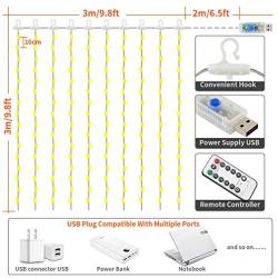 NockNock Curtain Lights 300 LED Window String Lights 9.8x9.8 Ft with Remote Control Fairy Twinkle Lights 8 Light Modes for Party Wedding Birthday Christmas Decoration (Warm White)