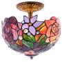 Tiffany Ceiling Fixture Light W12H11 Inch Semi Flush Mount Stained Glass Yellow Red Rose Shade Antique Style S001 WERFACTORY LAMPS Coffee Bar Study Office Entry Kitchen Island Hallway Dining Room Loft