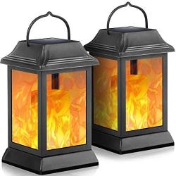 TomCare Solar Lights Metal Flickering Flame Solar Lantern Outdoor Hanging Lanterns Decorative Lighting Heavy Duty Solar Powered Waterproof Umbrella Lighting for Garden Patio Pathway Deck Yard, 2 Pack