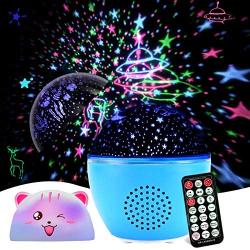 Night Light Projector, GEEHOOD Kids Star Projector Remote Timer lamp with Bluetooth Speaker, for Baby Bedroom, Birthday Gift, 2 Films and 1 cat lampshade(Upgraded Version)