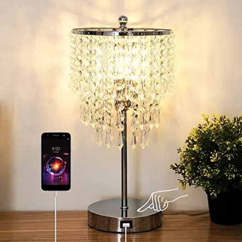 Xydstay Crystal Table Lamp, 3 Way Dimmable Bedside Touch Lamp Decorative Modern Lamp with USB Charging Port Elegant Beautiful Nightstand Lamp for Bedroom Living Room Office （LED Bulb Included)