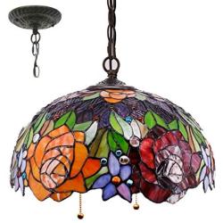 Tiffany Hanging Lamp 16 Inch Pendant Light Red Yellow Stained Glass Rose Shade Chandelier Ceiling Fixture S001 WERFACTORY Decorate Dining Living Room Bedroom Study Office Coffee Bar Hallway Loft