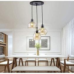 Vintage 3 Lights Kitchen Chandelier, Island Cognac Glass Cluster Pendant Chandelier Ceiling Hanging Linear Light Fixtures with Black Plate for Dining Room Bar Shop