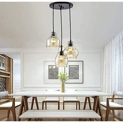 Vintage 3 Lights Kitchen Chandelier, Island Cognac Glass Cluster Pendant Chandelier Ceiling Hanging Linear Light Fixtures with Black Plate for Dining Room Bar Shop