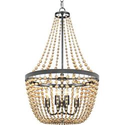 Lampundit Farmhouse Wood Beaded Chandelier 4 Lights, Handmade Wood Light Fixture for Dining & Living Room, Foyer, Bedroom, Kitchen Island and Entryway, Bronze Finish & Natural Color