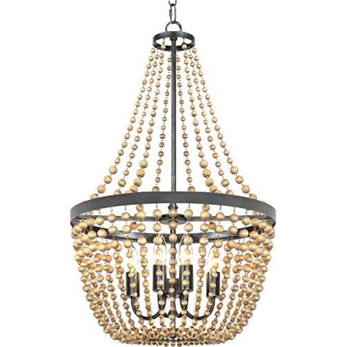 Lampundit Farmhouse Wood Beaded Chandelier 4 Lights, Handmade Wood Light Fixture for Dining & Living Room, Foyer, Bedroom, Kitchen Island and Entryway, Bronze Finish & Natural Color
