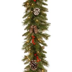 National Tree Company Company Pre-lit Artificial Christmas Garland | Flocked with Mixed Decorations and White Lights | Frosted Berry, 9 ft