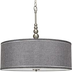 Kira Home Adelade 22'' Modern 3-Light Drum Pendant Chandelier, Gray Fabric Shade, Tempered Glass Diffuser, Adjustable Height, Brushed Nickel Finish