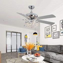 Tropwellhouse 52Inch Crystal Chrome Ceiling Fan with Light Gorgeous Crystal Fixture 3 Lights 5 Premium Wood Blade Led Chandelier Decoration Home/Living Room with Remote