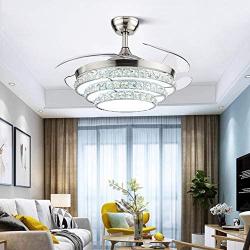 BIGBANBAN 42 Inch Crystal Ceiling Fan with Lights and Remote,Modern Chandelier with Retractable Blade,LED Ceiling Fan for Dining Room (Sliver)