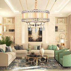 APBEAM Crystal Drum Chandelier Gauze Shade Modern Hanging Gold Pendant Light Fixture Cylinder Shade for Dining Room Kitchen Island D20” x H15.7”