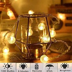 Globe String Lights Battery Operated Fairy Lights 33ft 100 LED Crystal Ball String Lights 8 Modes Remote Waterproof Decoration Lights Indoor Hanging Lights for Bedroom Xmas Wedding Party Garden,Warm