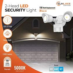 SunLake Lighting 2 Head Security Flood Lights - 20W Premium Outdoor or Backyard 2 Head LED Wall Light - 2000lm - Waterproof - 20W=150W - 5000K Daylight White. ETL Listed 100-277V - White