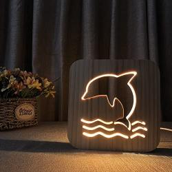 Creative 3D Dolphin Wooden Lamp, LED Table Light USB Power Cartoon Nightlight Desk lamp Home Bedroom Decor Lamp, Gift for Kids Adult Girls Boys Bedroom Living Room Nightstand