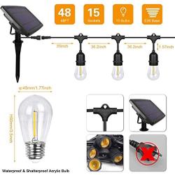 VAVOFO 48FT Outdoor String Lights Solar Powered, Waterproof LED Patio Lights, 15 Hanging Sockets, Backyard, Garden, Bistro, UL Listed