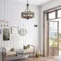 LALUZ Industrial Drum Chandeliers Farmhouse Pendant Hanging Vintage Lighting Fixture for Dining Room, 16”Width, Oil Black & Wood Finish