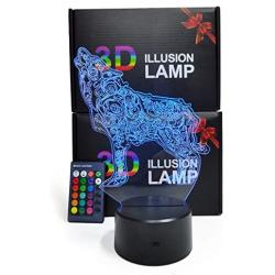 3D Illusion Lamp LED Night Light for Living Bed Room Decoration Desk Table Lamp Light for Party Supplies Birthday Gift 16 Changing Colors with Remote Control USB Power (Wolf)