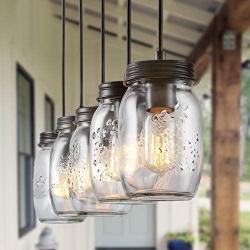 Mason Jar Pendant Light Fixtures 5-Lights, Rustic Glass Hanging Lighting for Farmhouse Dining Room Kitchen Island