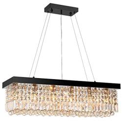 Moooni Rectangular Clear Crystal Chandelier Lighting Modern Dining Room Pendant Lighting Painted Black Finish L31.5'' x W9.8'' x H9.8''