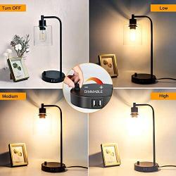Industrial Table Lamp, Fully Dimmable Modern Nightstand Lamp with Dual USB Port, Glass Shade Table Lamps for Bedroom Living Room Office, 6W 2700K Dimmable LED Edison Bulb Included