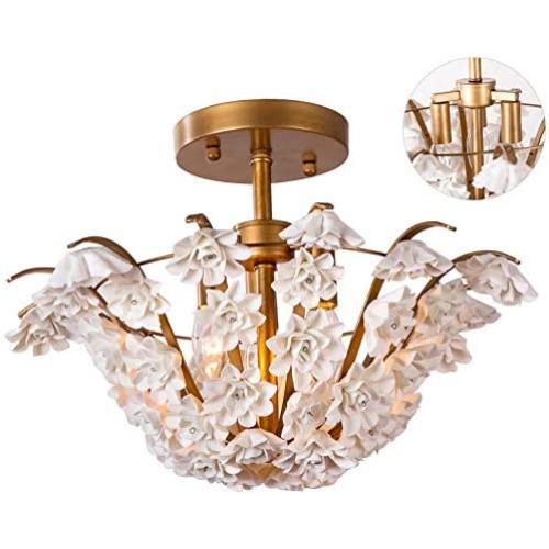 Semi Flush Mount Ceiling Light, 14 7/8 Inch Diameter 3-Lights Chandeliers, Ceramic Flowers Ceiling Light Fixture for Bedroom, Dining Room, Restaurant, Living Room