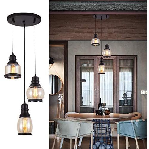 Weesalife Pendant Light with Tawny Glass Jar Shade Matte Black 3-Lights Adjustable Hanging Lighting Fixture, Industrial Antique Pendant Lamp for Kitchen Island, Dining Room, Foyer, Farmhouse