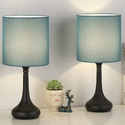 Bedside Table Lamp Set of 2, Small Nightstand Lamp with Blue Linen Lampshade，Black Desk Lamps for Bedroom, Living Room, Dorm Room, Office