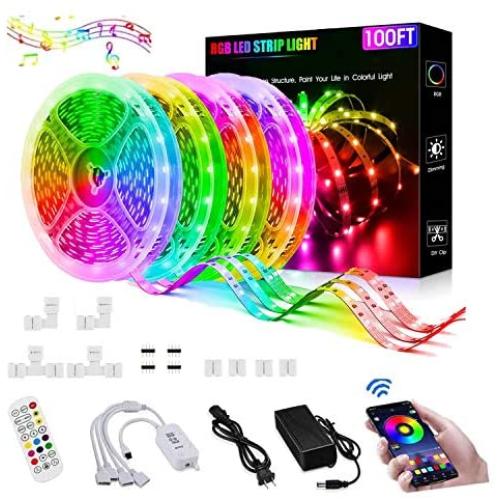 100FT/30M LED Strip Lights,5050 RGB Led Light Strip with Bluetooth Remote App Controller Color Changing Colorfull LED Rope Lights Strip Sync to Music for Bedroom, Party, Bar, Home, Kitchen, Christmas