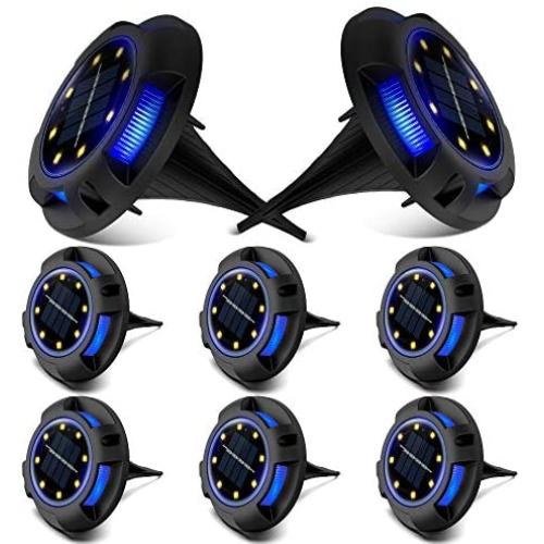 ZONGOOL Solar Ground Lights, 8 LED Disk Lights Solar Powered Waterproof In-Ground Lights for Garden, Lawn, Pathway, Walkway, Deck, Yard (8 Packs, Warm+Blue)