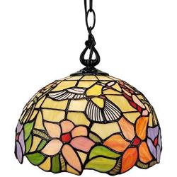 Tiffany Style Hanging Pendant Lamp 12'' Wide Stained Glass Shade Yellow Green Red Hummingbird Floral Vintage Light Decor Restaurant Living Dining Room Kitchen Gift AM1082HL12B Amora Lighting