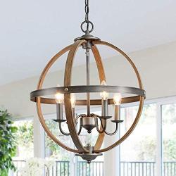 GEPOW Farmhouse Chandeliers for Dining Rooms, 4 Lights Orb Faux Wood Pendant Lighting Fixture for Foyer, Kitchen Island, Bedroom, Living Room D18''