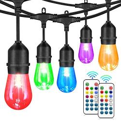 48FT Outdoor Color Patio Lights, RGB Cafe String Lights with 18 E26 S14 Shatterproof Edison Bulbs, Commercial Grade Dimmable String Lights for Patio Backyard Garden, 2 Remote Controllers