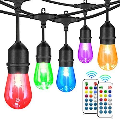 48FT Outdoor Color Patio Lights, RGB Cafe String Lights with 18 E26 S14 Shatterproof Edison Bulbs, Commercial Grade Dimmable String Lights for Patio Backyard Garden, 2 Remote Controllers