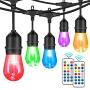 48FT Outdoor Color Patio Lights, RGB Cafe String Lights with 18 E26 S14 Shatterproof Edison Bulbs, Commercial Grade Dimmable String Lights for Patio Backyard Garden, 2 Remote Controllers