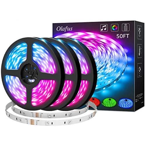Olafus 50ft Led Strip Lights, Music Synch Color Changing RGB LED Strip Lights Built-in Mic, 44 Keys Remote Control LED Lights Rope Lights, 5050 RGB LED Light Strip(Voice+Remote+Mic+Receiver Button)