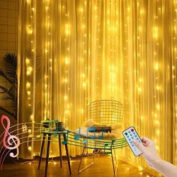 6.6FT X 6.6FT Christmas Curtain Lights for Bedroom Battery Operated Window Curtain Light Backdrop Light for Indoor, Sound Activated Music Sync Light Waterproof Waterfall Icicle Lights (Warm White)