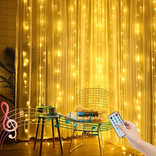 6.6FT X 6.6FT Christmas Curtain Lights for Bedroom Battery Operated Window Curtain Light Backdrop Light for Indoor, Sound Activated Music Sync Light Waterproof Waterfall Icicle Lights (Warm White)