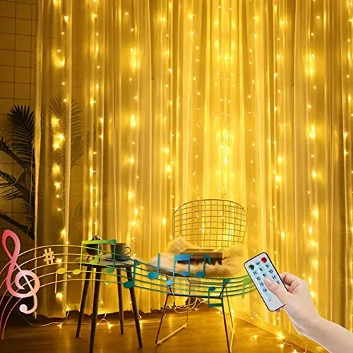 6.6FT X 6.6FT Christmas Curtain Lights for Bedroom Battery Operated Window Curtain Light Backdrop Light for Indoor, Sound Activated Music Sync Light Waterproof Waterfall Icicle Lights (Warm White)