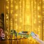 6.6FT X 6.6FT Christmas Curtain Lights for Bedroom Battery Operated Window Curtain Light Backdrop Light for Indoor, Sound Activated Music Sync Light Waterproof Waterfall Icicle Lights (Warm White)