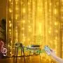 6.6FT X 6.6FT Christmas Curtain Lights for Bedroom Battery Operated Window Curtain Light Backdrop Light for Indoor, Sound Activated Music Sync Light Waterproof Waterfall Icicle Lights (Warm White)