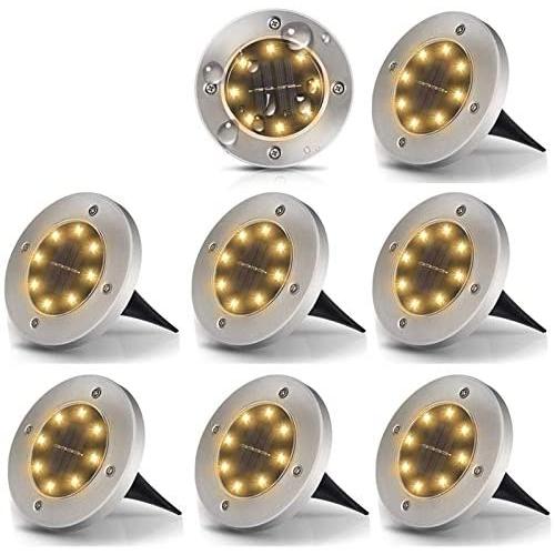 Solar Ground Lights, Disk Lights Waterproof In-Upgraded Outdoor Garden Waterproof Bright in-Ground Lights for Lawn Pathway Yard Driveway, with 8 LED