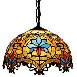 LITFAD Tiffany-Style Victorian Ceiling Pendant Fixture Splendid Dome Glass Shade in Multicolor Finish LED Ceiling Hanging Light Chandelier for Kitchen Island Dining Room Restaurant Bar - 16'' (40 cm)