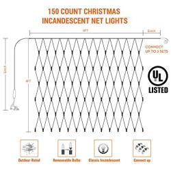 Lomotech 4’X6’ Christmas Net Lights, End to End Connectable 150 Count Mini Incandescent Net Mesh Twinkle String Tree-wrap Lights With UL for Trees Bushes Wedding Garden Outdoor(Green Wire, Warm White)