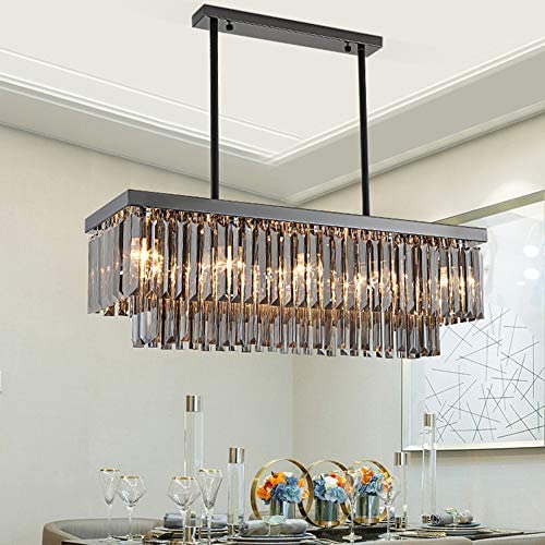 BAYCHEER Luxury Smoke Crystal Modern Chandelier,Rectangle 12 Bulbs Crystal Droplets Pendant Suspension Lamp Light Fixture Hanging Dining Room Kitchen Island,Bulb Not Included,39''