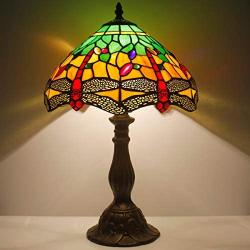 Tiffany Table Lamp W12H18 Inch Green Yellow Stained Glass Shade Crystal Bead Dragonfly Style Anqitue Desk Light S009G WERFACTORY Lamps Living Room Bedroom Coffee Bar Office Study Bedside Craft Gifts