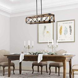 LALUZ Dining Room Lighting Fixtures Hanging,5-Lights Open-Caged Farmhouse Chandelier,Rectangular Farmhouse Light Fixture, Brown