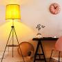 Modern Industrial Flaxen Lampshade Tripod Floor Lamp with Shelves- Modern Mid Century Design Standing Light with Metal Legs - Adjustable Height Reading Light for Living Room Bedside Office